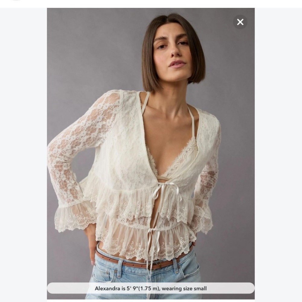 American Eagle Sheer Lace Ruffle Tie Front Top Cream XXL Boho Romantic Tiered